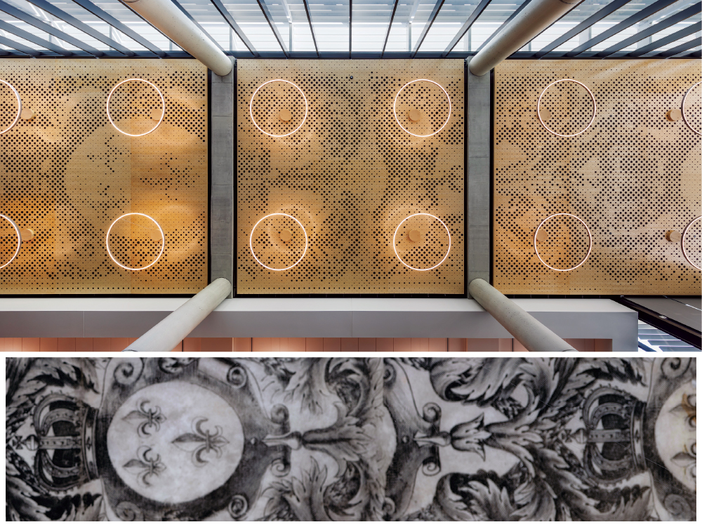 The decorative border of William Penn’s 1681 Charter for Pennsylvania, below, served as the inspiration for the “holey-wood” ceiling in the new State Archives building. Photo, Albert Vecerka; 1681 Charter border, Pennsylvania State Archives, RG-26