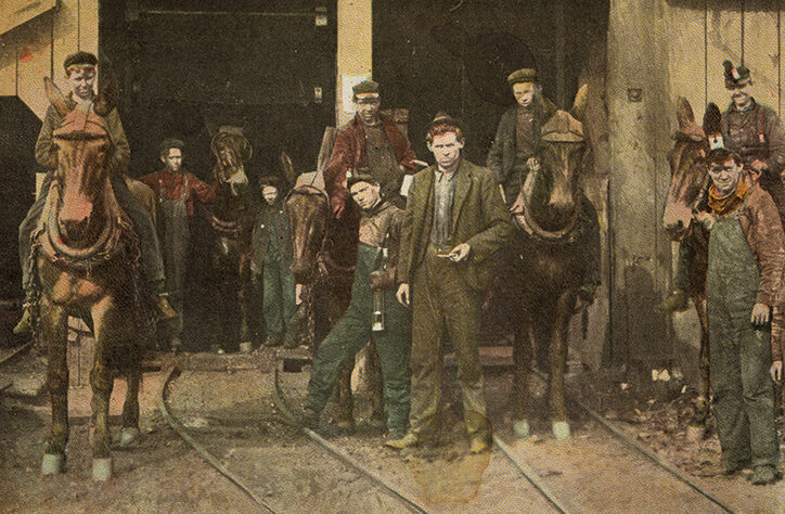 Laborers ascend from a Shenandoah mine with mules that pull cars full of anthracite to the surface, circa 1908. Pennsylvania State Archives, MG-213