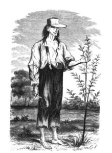 In much of the folklore about Johnny Appleseed, he is described as wearing a tin mush pot for a hat and a coffee sack for clothes. His attire was perhaps more as it appears in this drawing, published in 1863. From H.S. Knapp, A History of the Pioneer and Modern Times of Ashland County (Philadelphia: J.B. Lippincott, 1863)