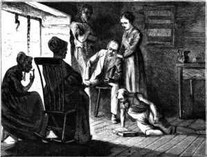 According to Harper’s New Monthly Magazine, "It was [Chapman's] custom, when he had been welcomed to some hospitable log-house after a weary day of journeying, to lie down on the puncheon floor, and, after inquiring if his auditors would hear 'some news right fresh from heaven,' produce his few tattered books, among which would be a New Testament, and read and expound." From Harper’s New Monthly Magazine 43, no. 258 (November 1871): 833.