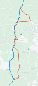 The Appalachian Trail in the Cumberland Valleye: the original route is in red and the new route is in blue. Pennsylvania Historical & Museum Commission