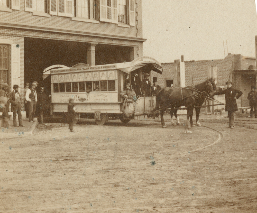 A horse-drawn streetcar at the Ridge Avenue depot in Philadelphia. Blacks were forced to stand on the outside platform. Library Company of Philadelphia