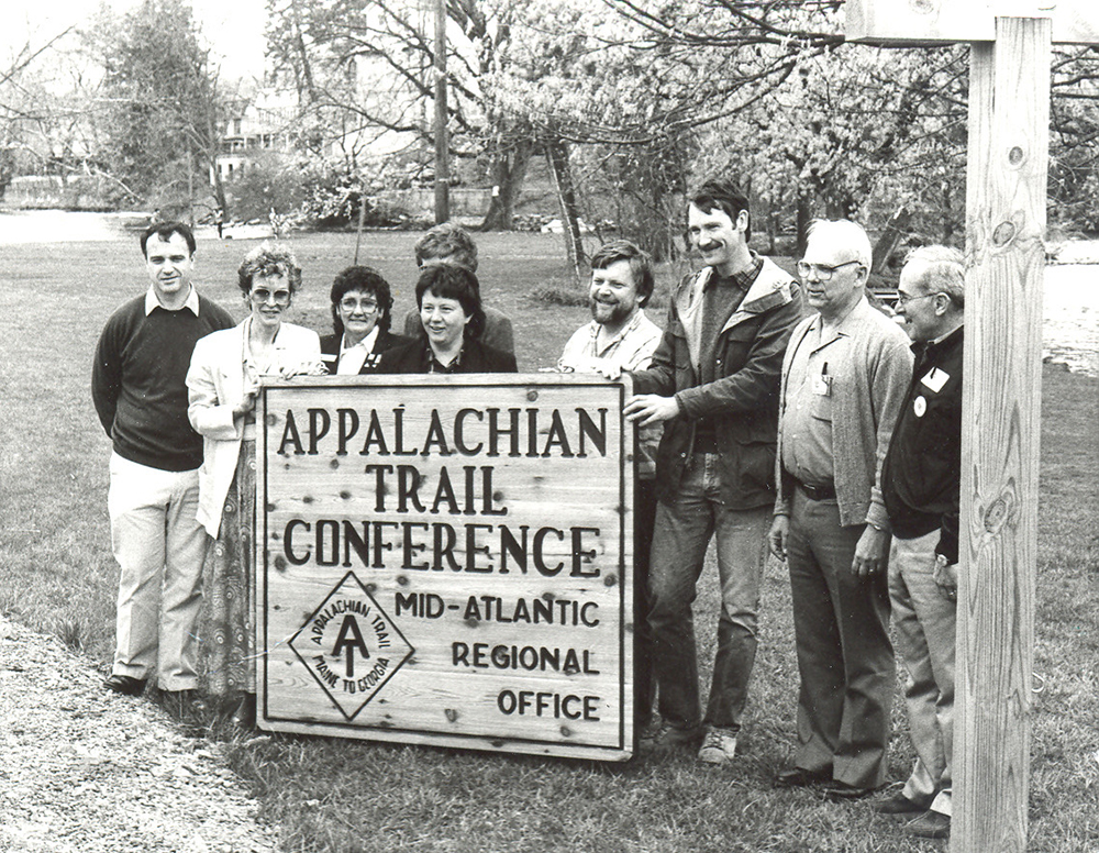 Karen Lutz, fourth from left, and Craig Dunn, third from right, at the opening of the Appalachian Trail Conference’s Mid-Atlantic Regional Office in Boiling Springs, April 22, 1989. Courtesy of Karen Lutz