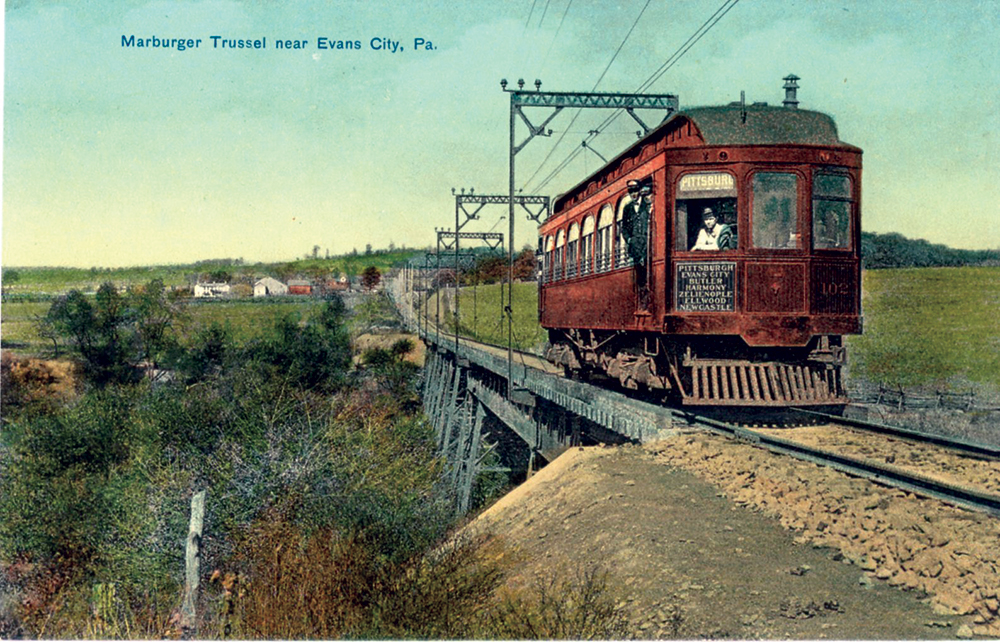 Pittsburgh, Harmony, Butler & New Castle Railway car No. 102, among the company’s first purchase of coaches, crosses Marberger Trestle near Evans City, the junction point between the road’s Butler and New Castle branches. Collection of Dan Cupper