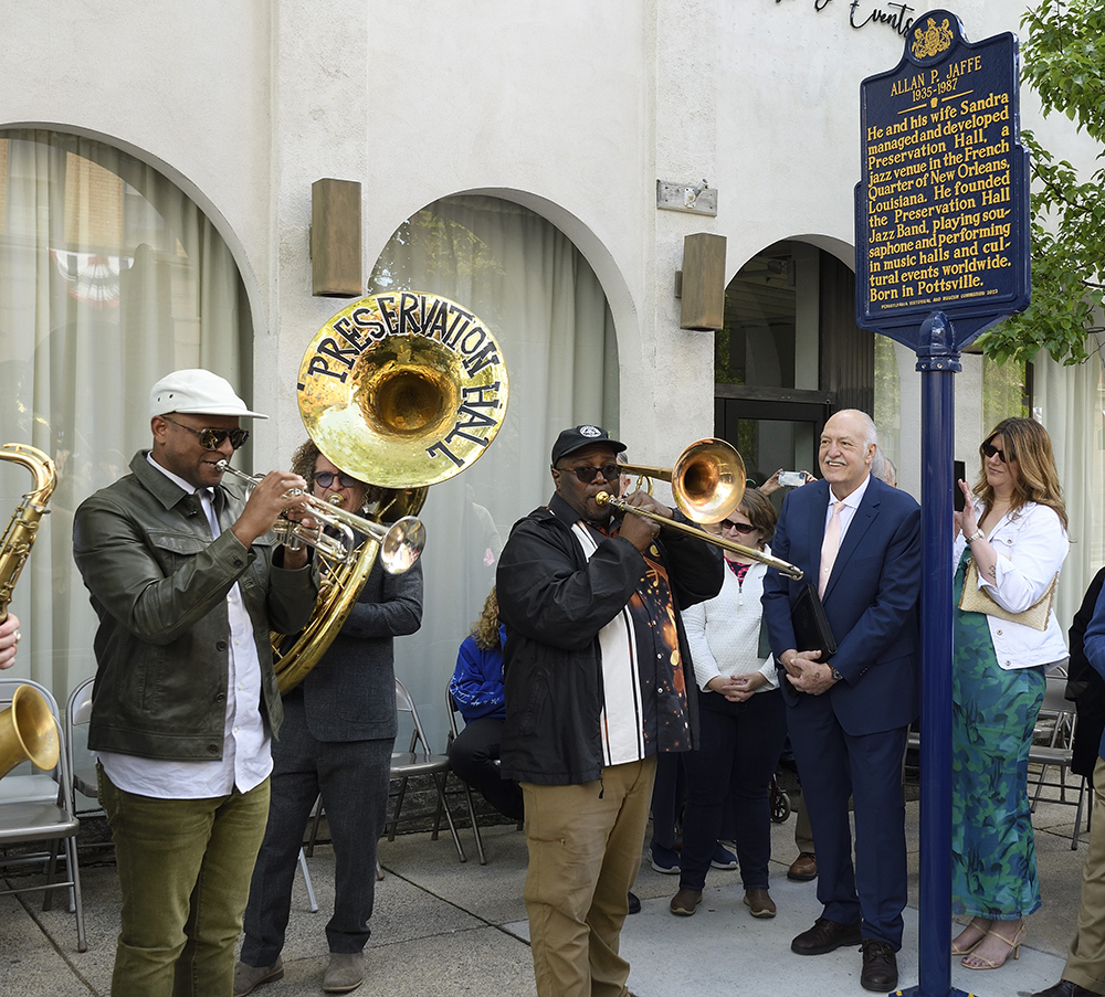 The Preservation Hall Jazz Band performs at the Allan Jaffe marker dedication in Pottsville, May 11, 2023. Ben Jaffe, Allan and Sandra Jaffe’s son and creative director of the band, is second from the left playing sousaphone. Photo, Pennsylvania Historical & Museum Commission