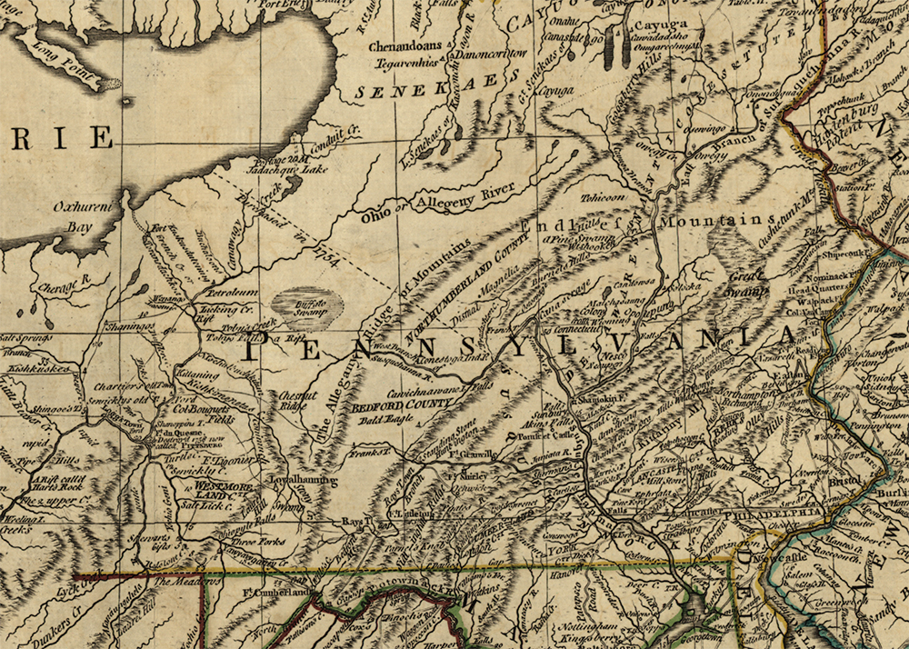 Westmoreland County appears on this detail of Pennsylvania from the larger Map of the Middle British Colonies in America, printed in London in 1776. Library of Congress Geography and Map Division