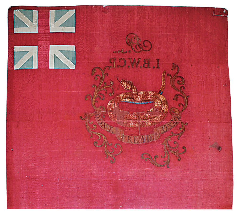 The flag of Col. John Proctor’s 1st Battalion of Westmoreland County is a Red Ensign that includes the British Union Jack in the upper left corner and a rattlesnake with the motto “DONT. TREAD. ON. ME” in the center. Fort Pitt Museum, PHMC