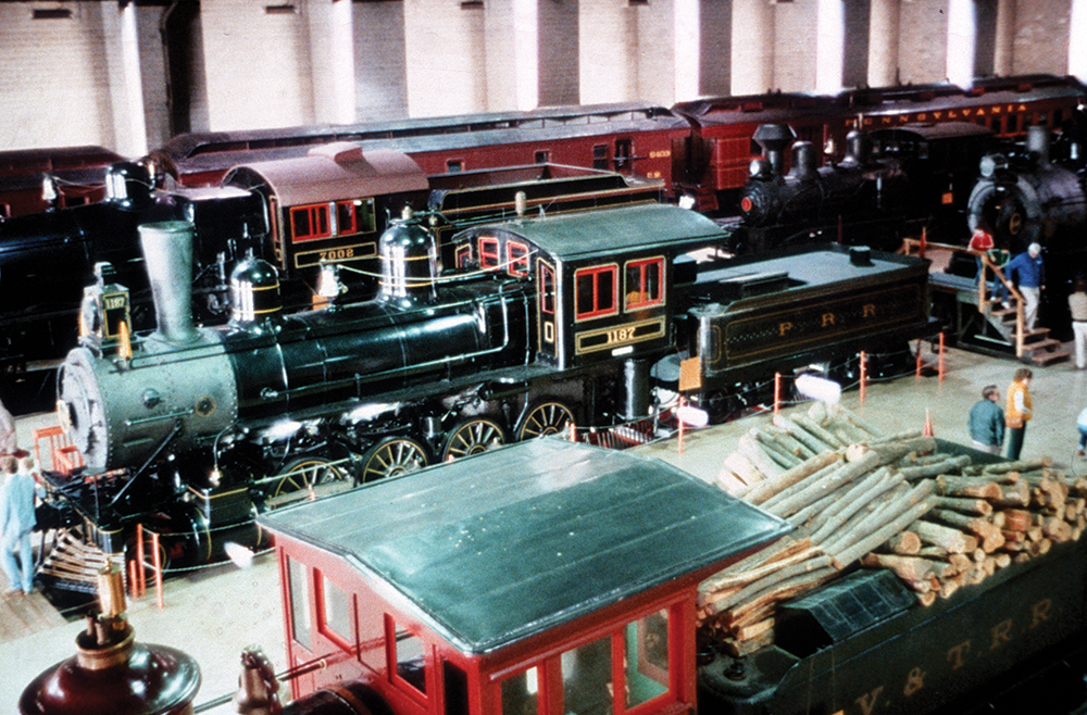 This interior view of the Railroad Museum’s main exhibit hall, taken from the observation bridge inside the museum in the late 1970s, shows the interior displays largely as they appeared from the opening of the museum through the early 1990s. Railroad Museum of Pennsylvania, PHMC