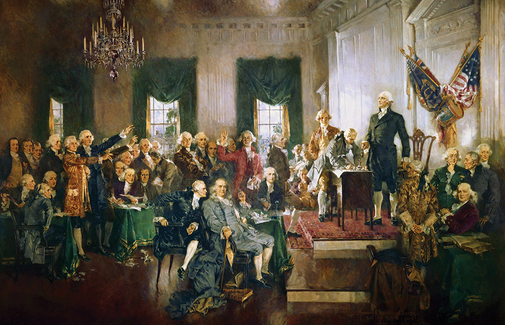 Set inside Independence Hall in Philadelphia on September 17, 1787, Howard Chandler Christy's massive 20-by-30-foot oil painting Scene at the Signing of the Constitution of the United States, completed in 1940, imaginatively recreates one of the most momentous events in American history. United States Capitol