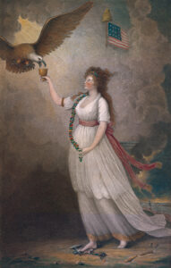 The allegorical print Liberty in the Form of the Goddess of Youth, Giving Support to the Bald Eagle, engraved by Edward Savage in 1796, depicts Liberty as a manifestation of Hebe, Greek goddess of youth and cupbearer to the gods, offering a chalice to a bald eagle, as she tramples on regalia of monarchical Great Britain. Behind her, the flag of the United States rises above the clouds. The image was reproduced on the cover of Gordon S. Wood’s 2009 volume Empire of Liberty: A History of the Early Republic, 1789–1815. Yale University Art Gallery, Mabel Brady Garvan Collection