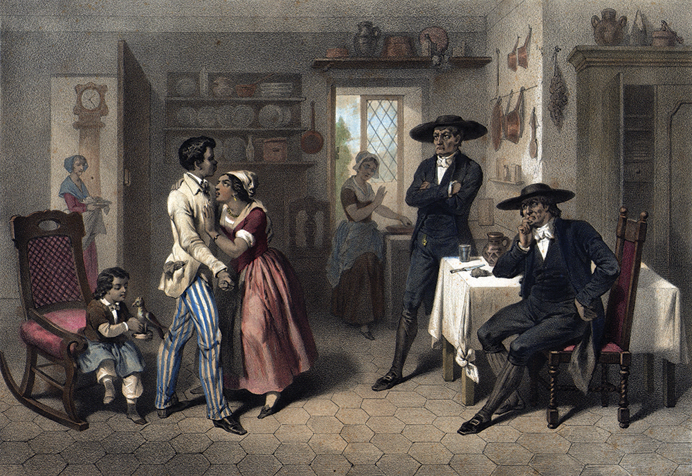 This lithograph of a scene from an illustrated edition of Uncle Tom's Cabin shows a Black family finding refuge among Quakers during an escape to freedom. Swarthmore College