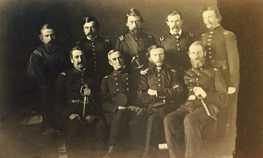 The Union officers at Fort Sumter were photographed together in this 1861 group portrait. They are, from left in the front row, Capt. Abner Doubleday, Maj. Robert Anderson, Capt. Samual W. Crawford and Capt. John G. Foster, and in the back row, Capt. Truman Seymour, Lt. George W. Snyder, Lt. Jefferson C. Davis, Lt. Richard Kidder Meade Jr. and Capt. Theodore Talbot. Library of Congress Prints and Photographs Division