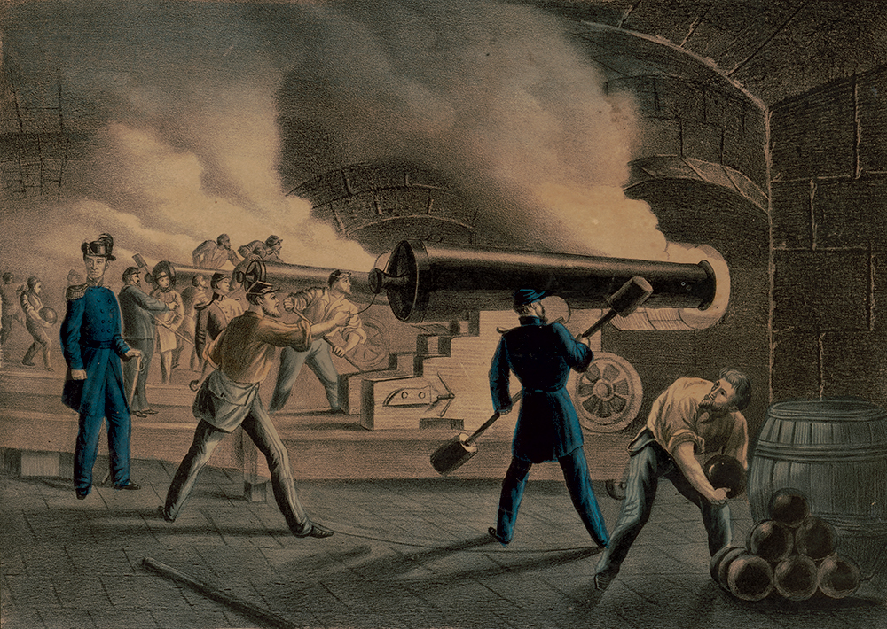 The bombardment of Fort Sumter in the Charleston Harbor marked the beginning of the American Civil War. This Currier & Ives lithograph depicts Union soldiers firing back at the Confederates from inside the fort. Library of Congress Prints and Photographs Division