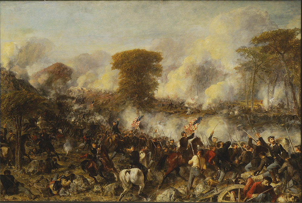 Crawford carries the colors of the First Pennsylvania Reserves as he leads a charge near Littlen Round Top on the second day of the Battle of Gettysburg. Peter Frederick Rothermel depicted the scene in Charge of the Pennsylvania Reserves at Plum Run, painted in 1881. The State Museum of Pennsylvania, PHMC