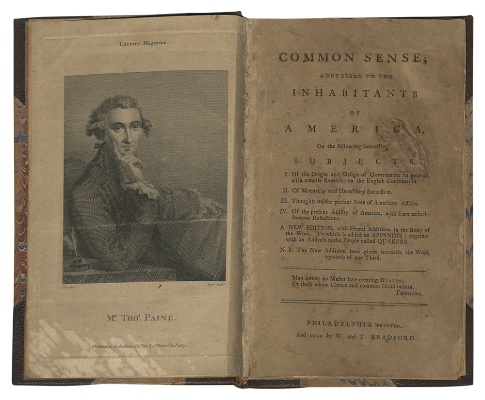 Thomas Paine helped galvanize the movement for independence in America with the January 1776 publication of his 47-page pamphlet, Common Sense. Pictured here are the frontispiece and title page of an edition published in Philadelphia on February 14, 1776. Pennsylvania State Archives, MG-8