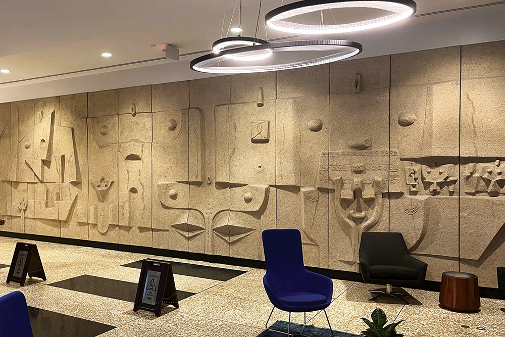 Costantino Nivola’s sandcast concrete sculptural design on the south wall of the main lobby. Kevin McMahon, Powers & Company
