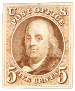 Benjamin Franklin has been featured on more than 130 U.S. postage stamps but comes in second, after George Washington, as the person who has appeared most frequently on them. Both patriots were on the first stamps issued on July 1, 1847, with Franklin in a fur-collared coat on the 5-cent stamp. National Postal Museum, Smithsonian Institution