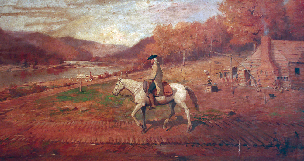 Lloyd Branson (1853–1925) created this scene of an early American mail carrier astride his horse, traveling through a rural area to make deliveries. National Postal Museum, Smithsonian Institution