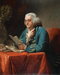 Benjamin Franklin was painted by Scottish artist David Martin (1737–97) in 1767. Detail of the image was later featured on a 39-cent stamp commemorating Franklin’s role as postmaster in 2006. Pennsylvania Academy of the Fine Arts, Gift of Maria McKean Allen and Phebe Warren Downes through the bequest of their mother, Elizabeth Wharton McKean