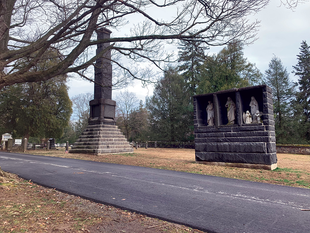 Two of John Gheen Taylor’s monuments stand along the paved road at the Birmingham Lafayette Cemetery in Birmingham Township, Pennsylvania Photo, Spencer Larson