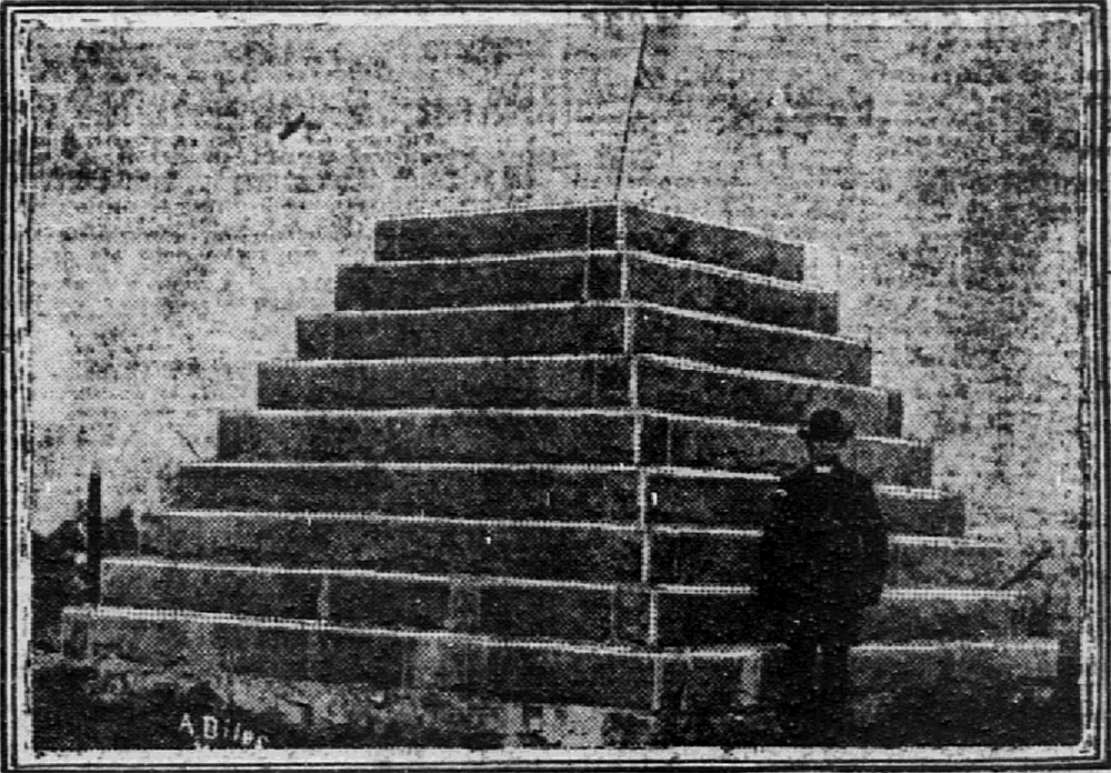 Taylor stands at the empty base of the Lafayette memorial, before the 45-foot pillar was erected. From The Philadelphia Inquirer, June 23, 1900, p.4