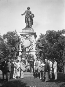 Memorials to Lafayette that were built around the time Taylor erected his monument include this statue installed in 1891 on the southeast corner of Lafayette Park in Washington, D.C. This 1922 photograph shows a committee of the Sons of Revolution placing wreaths during a ceremony. Library of Congress Prints and Photographs Division