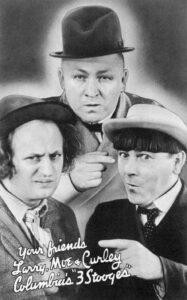 Larry Fine, Moe Howard and Curley Howard, the Three Stooges, in 1937. Wikimedia Commons