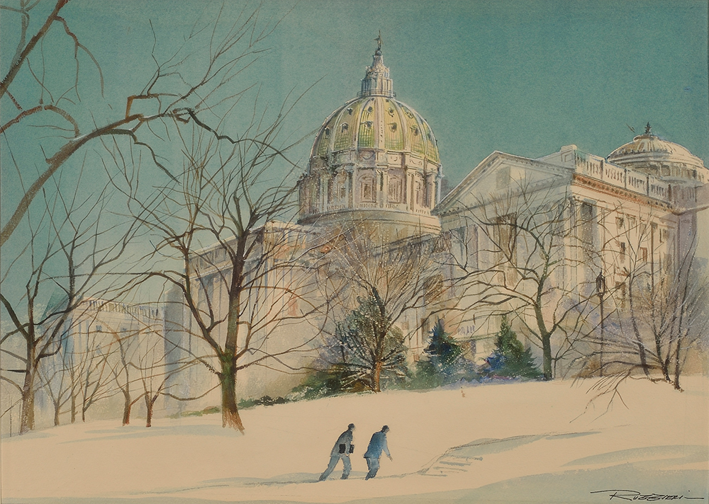 Dauphin: Capitol Dome, watercolor. The Pennsylvania Capitol, designed by architect Joseph Huston and completed in 1906, houses the chambers of both legislative branches of the General Assembly, the capital chambers for the Supreme Court and Superior Court, and the offices of the governor and lieutenant governor. The State Museum of Pennsylvania