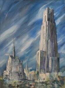 Allegheny: Cathedral of Learning, watercolor. The Cathedral of Learning, built in 1926, is a 42-story skyscraper that towers 535 feet over the main campus of the University of Pittsburgh in the city’s Oakland neighborhood. The State Museum of Pennsylvania