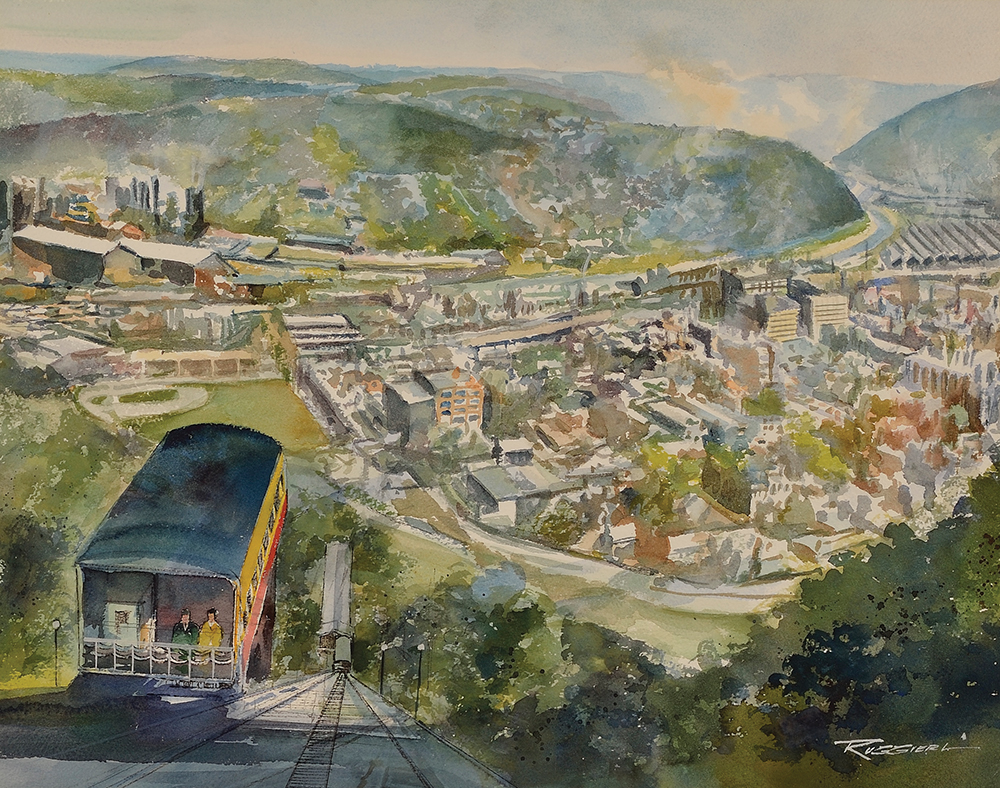 Cambria: Incline Plane, watercolor. Completed in 1891, the Johnstown Inclined Plane is a cable railway on a steep slope, or funicular, that connects the city of Johnstown with the borough of Westmont atop Yoder Hill. The State Museum of Pennsylvania