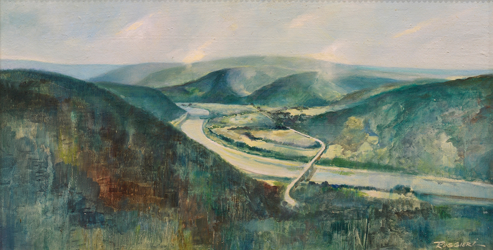 Clinton: Hyner View, gouache on board. This scenic overlook stands at an elevation of 1,940 feet above sea level and is the highlight of Hyner View State Park, near Renovo on the West Branch of the Susquehanna River. The State Museum of Pennsylvania