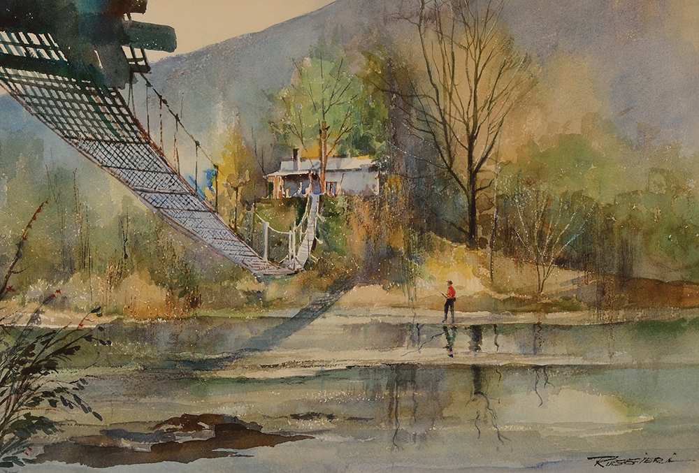 Elk: Swinging Bridge, watercolor. In the Pennsylvania—A Commemorative Portrait exhibition catalog, journalist John Baer wrote of this painting, “Elk County residents used to rely on swinging bridges such as this one to cross difficult terrain.” The State Museum of Pennsylvania