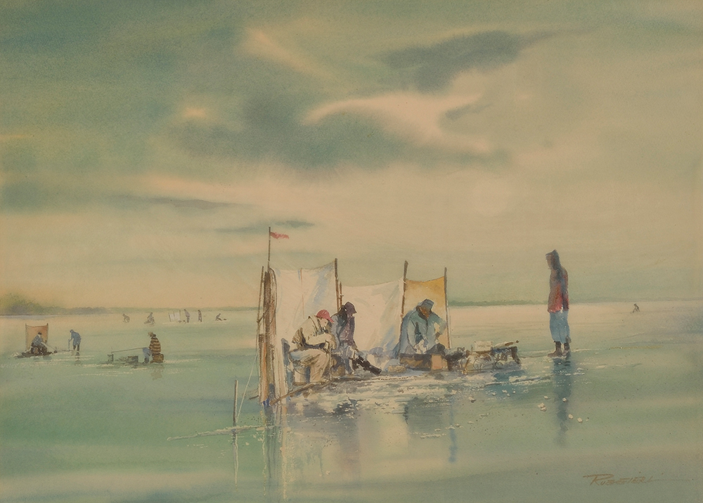 Erie: Ice Fishing, watercolor. Erie has long been a popular ice fishing destination, especially in Presque Isle Bay, where anglers raise huts and drill holes in the ice to fish for walleye and perch in the winter months. The State Museum of Pennsylvania