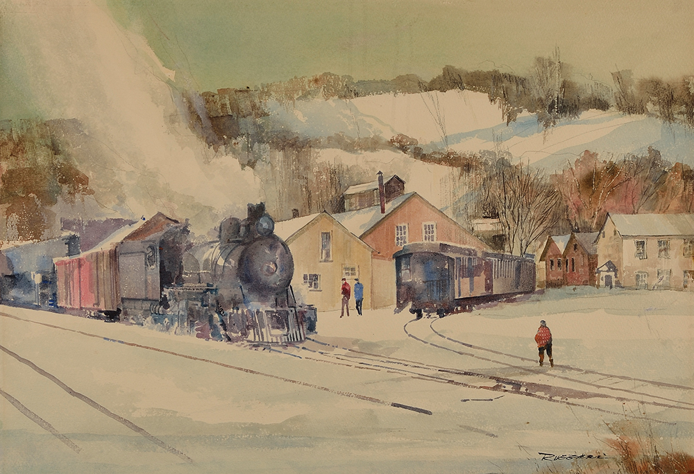 Huntingdon: East Broad Top Railroad, watercolor. The East Broad Top Railroad, headquartered in Rockhill Furnace, originally operated from 1871 to 1956. The 3-foot narrow-gauge railroad became a heritage railway in 1960 and was designated a National Historic Landmark in 1964. The State Museum of Pennsylvania