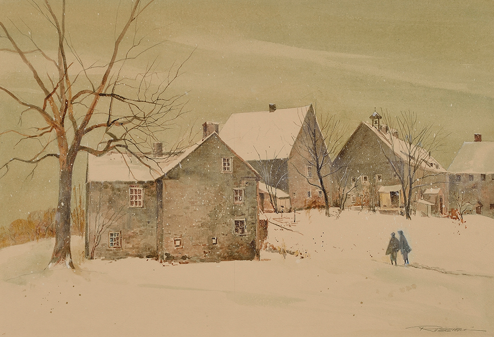 Lancaster: Cloisters, watercolor. Ephrata Cloister was the home of an 18th-century religious community known for its original music and fraktur, distinctive medieval-style architecture, prolific publishing center, and lifestyle of discipline and self-deprivation. A state historic site since 1947, it reflects a model of William Penn’s Holy Experiment in religious freedom. The State Museum of Pennsylvania