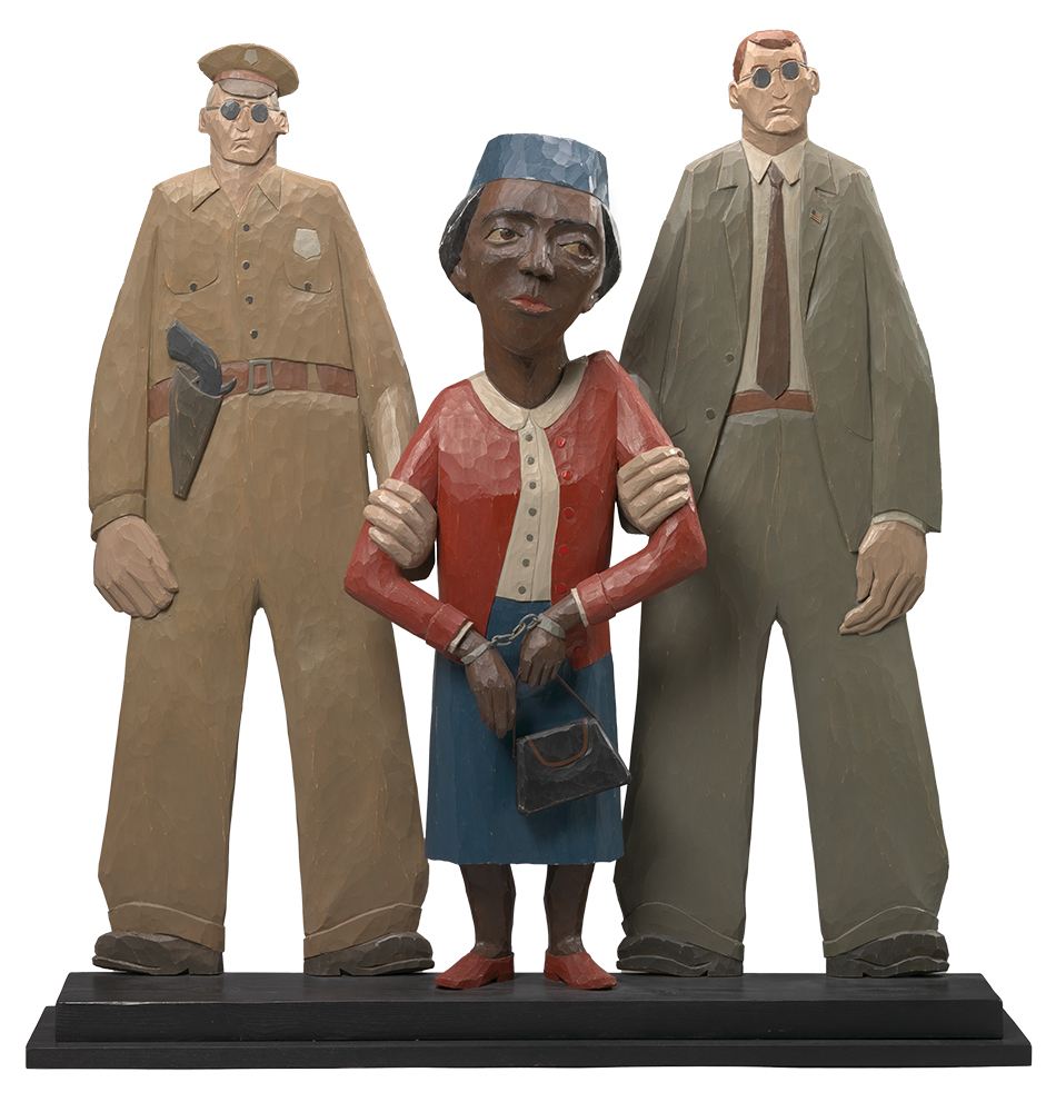 Rosa Parks, carved and painted limewood, 1983. Carved in his distinctive folk-art style, Marshall D. Rumbaugh’s celebrated sculpture of Rosa Parks is one of his many works dedicated to leaders of the Civil Rights Movement. National Portrait Gallery, Smithsonian Institution
