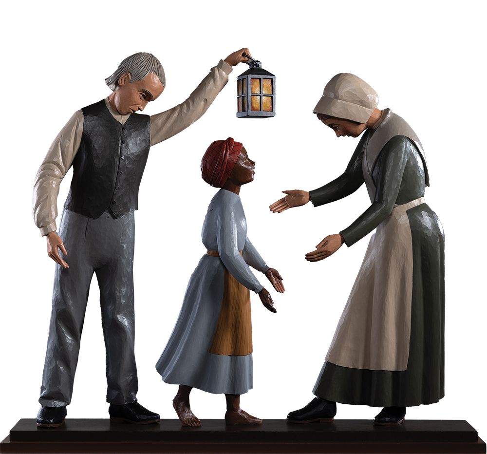 Jacob and Hannah Leverton, Stationmasters on the Underground Railroad, carved and painted lindenwood, 2022. Olde Hope Antiques / Photo, Christian Giannelli