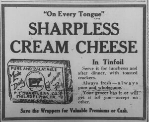 P.E. Sharpless Co. cream cheese advertisement published in The Evening Star (Washington D.C.), December 17, 1915.