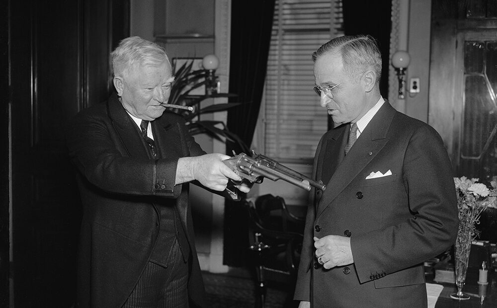 Garner and Truman admire Jesse James’ revolvers, 1938. Library of Congress Prints and Photographs Division