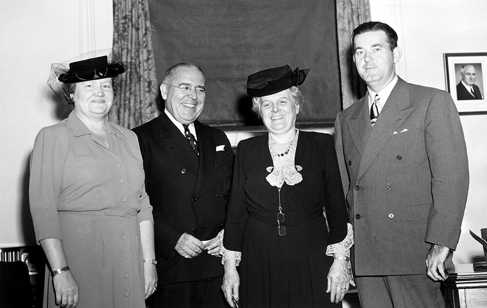 Pennsylvania Democrats—from left, Ruth Grigg Horting, Pennsylvania Democratic Party vice chair; David Lawrence, National Democratic Party committeeman and Pennsylvania Democratic Party chair; and Emma Guffey Miller, National Democratic Party committeewoman and sister of Joe Guffey—meet with Robert Hannegan, right, chair of the Democratic National Committee, prior to the 1944 Democratic National Convention. Harry S Truman Presidential Library