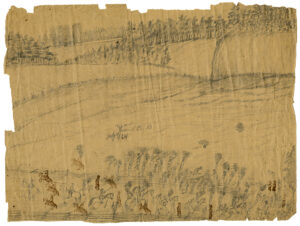 Goldsmith made this drawing, showing a landscape near Frederick City, Maryland, on July 9, 1864. Stamped cavalry and infantry are visible in various locations. Collection of the Mercer Museum Research Library of the Bucks County Historical Society