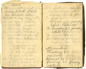 These pages from one of several short diaries kept by Anthony Goldsmith during his Civil War service include entries from the fall of 1864, when he was “Guarding Rebel Prisoners” and finding time to attend “Sabath School.” Collection of the Mercer Museum Research Library of the Bucks County Historical Society