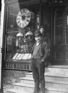 Anthony Goldsmith stands in front of his jewelry shop in Quakertown, Bucks County, in 1887. Collection of the Mercer Museum Research Library of the Bucks County Historical Society