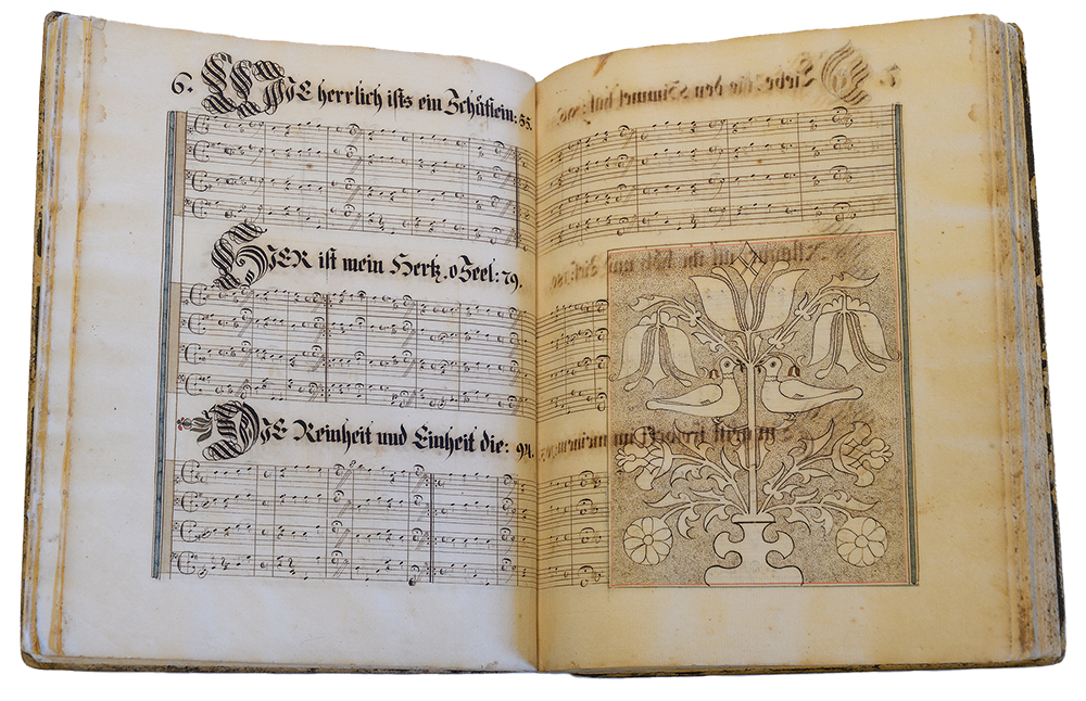 This magnificent manuscript contains the musical notation for hymns written at the Ephrata Cloister. It once belonged to Solomon Gorgas, an Ephrata clockmaker. Ephrata Cloister (EC85.3.1), PHMC