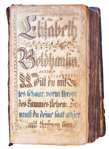 This book is made up of several German-language volumes bound together and decorated with a fraktur-style bookplate, added between 1748 and 1757, identifying the owner as Elizabeth Boldhauser. Ephrata Cloister (EC2019.1), PHMC