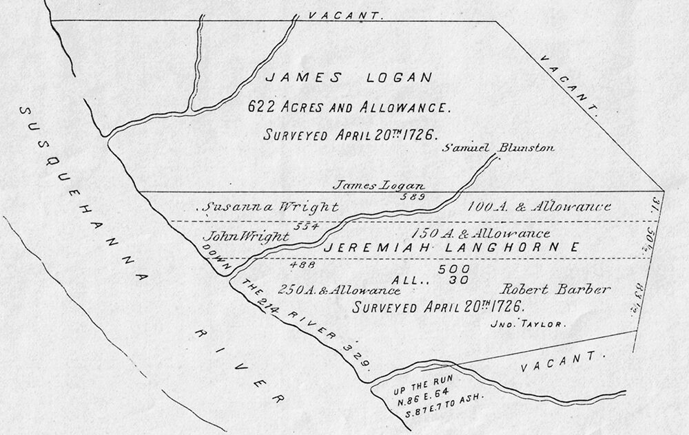 In 1726 William Penn’s secretary in Pennsylvania, James Logan, surveyed lands fronting on the Susquehanna River for a group of English Quakers. Samuel Blunston, Susanna Wright, John Wright and Robert Barber purchased those properties at the core of what is today Columbia. Columbia Historic Preservation Society