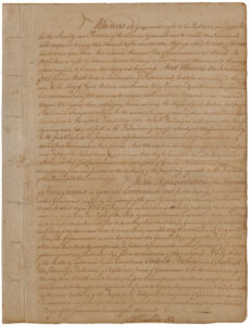 The Pennsylvania Constitution of 1776 featured such radical provisions as an annually elected unicameral legislature, a 12-member executive council, and a judiciary appointed to seven-year terms by the legislature. The document’s first page is reproduced here. Pennsylvania State Archives, RG-26