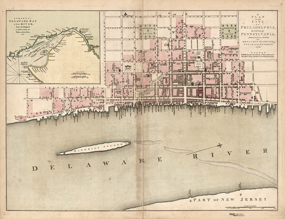 This map of Philadelphia, published in London by Andrew Dury in 1776, shows the downtown neighborhood where revolutionary documents were drafted and signed. Library of Congress Prints and Photographs Division