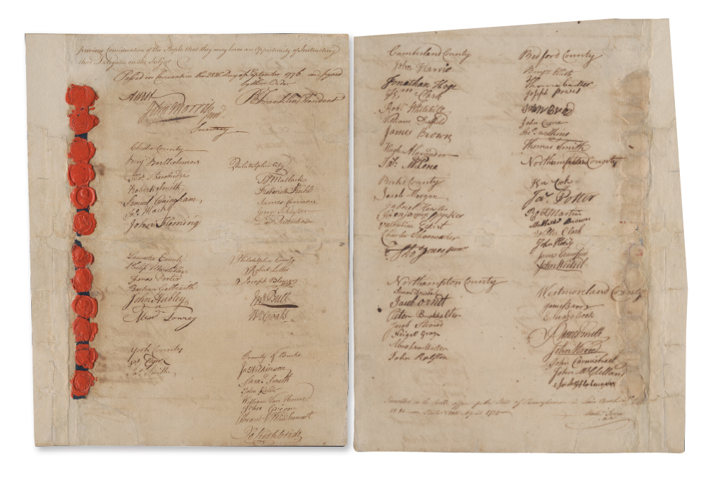Delegates of the 11 counties of Pennsylvania signed the last two pages of the Constitution of 1776. Pennsylvania State Archives, RG-26
