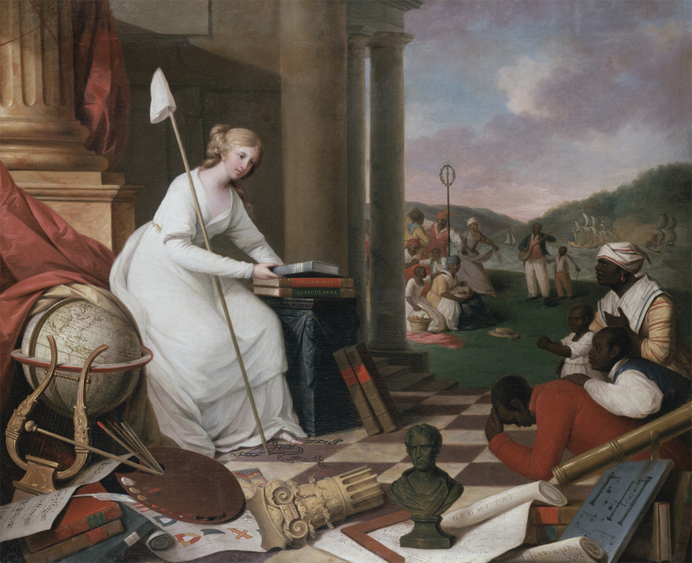 In 1792 native Philadelphia artist Samuel Jennings (active 1789–1834) created what is known as the first antislavery painting by an American, Liberty Displaying the Arts and Sciences, or The Genius of America Encouraging the Emancipation of the Blacks. The allegorical scene was commissioned by the Library Company of Philadelphia and features a personification of Liberty presenting symbols of knowledge and learning to formerly enslaved Black people. Library Company of Philadelphia (Gift of the artist, 1792)